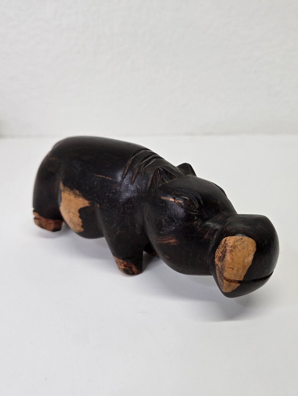 VTG African Hand Carved Two Tone Ebony Wood Hippo Figure Folk Art Sculpture